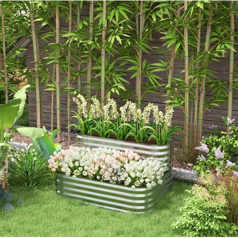 Carré potager 2 niveaux métal argenté 120x90 cm OKMYHOME (1/5)