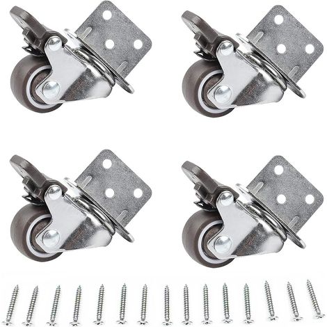 Lot de 4 roulettes pivotantes pour meubles, avec frein, roues en caoutchouc silencieuses, plaque de montage en L, convient pour meubles, supports de fleurs, crèches, étagères, outils de (1/5)