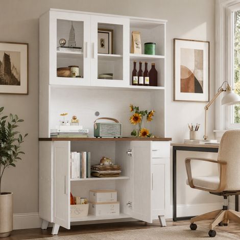 Buffet haut 114 x 40 x 190 cm avec 5 portes, 1 tiroir et vitrines HAVRYA (1/5)