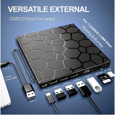 Lecteur CD/DVD externe pour ordinateurs portables, lecteur DVD portable 8 en 1 USB 3.0 ultra-fin pour ordinateurs portables, ordinateurs de bureau, professionnels, Windows 11/10/8/7, Linux, lecteur et (1/5)
