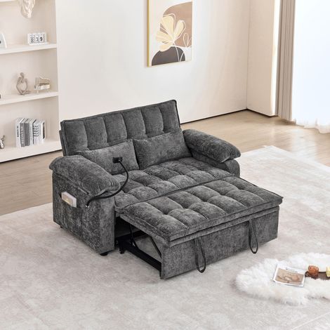 Canapé convertible 3-en-1 142 x 90 x 87 cm avec assise moelleuse, 2 coussins lombaires, tablette et porte-gobelet, chenille, Gris (1/5)
