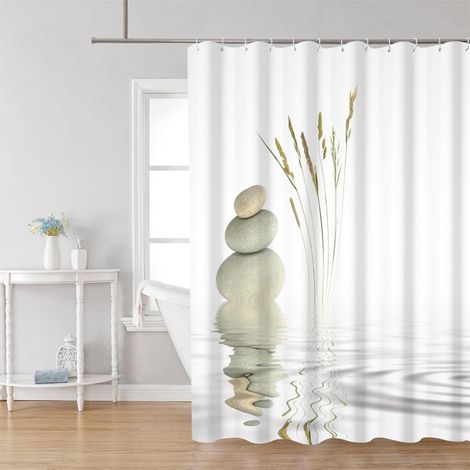 Cortina de ducha tipo spa, resistente al moho, 180x200cm, impermeable, hecha de guijarros de piedra japonesa gris zen para meditación, lavable, con ganchos (1/5)