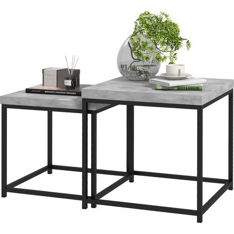 Lot de 2 tables gigognes tables basses carrées tables de salon cadre en acier et plateaux en bois gris (1/5)