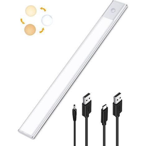 Lampe Placard LED Detecteur de Mouvement, Reglette LED Cuisine Sous Meuble 2 en 1 Rechargeable USB et Alimentée en 5V DC, 40cm Bande Lumineuse Capteur de Mouvement Adhésives, Barre LED Sans Fil