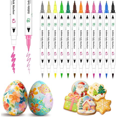 Stylos Colorants Alimentaires, 12Pcs Stylo Marqueurs Comestibles Double Pointe Avec Pointe Fine Et Épaisse Idéal Pour Colorer Gâteaux, Œufs De Pâques, Fondant, Biscuits, Glaçage Et Macarons (Pour 14+) (1/5)