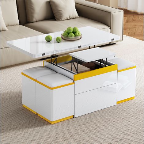 Table repas salon relevable 100x50 MDF blanc jaune OKMYHOME (1/5)