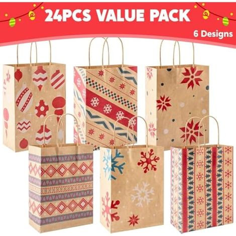 Lot de 24 sacs cadeaux de Noël en papier kraft avec poignées résistantes et fond incassable, parfaits pour les fêtes, les anniversaires, les sorties scolaires et les fêtes.