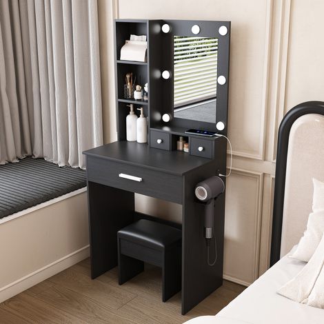Tocador con espejo LED regulable, enchufe, soporte para secador y taburete negro HAVRYA (1/5)