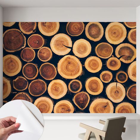 Papier peint adhésif décoratif pour chambre et salon Design moderne à poser facilement Cercles de bois 152x104 cm (1/5)