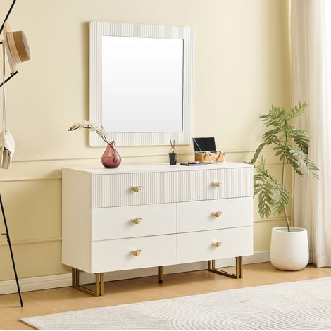 Sideboard- und Spiegel-Set 120x40x75 cm / 80x80 cm Weiß MDF mit 6 Schubladen und goldfarbenen Griffen (1/5)