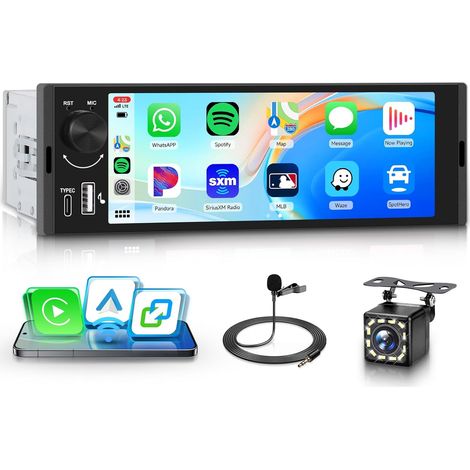 1 Din Autoradio avec sans Fil CarPlay Android Auto, Ecran Tactile 6,36 Pouces Poste Radio Voiture avec Bluetooth, Radio FM, EQ, Vidéos en Ligne, SWC, USB/Type-C, Partage de Vidéo, Mirror Link (1/5)