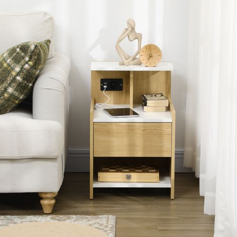 Table de chevet moderne avec 2 ports USB, 2 prises électriques et tiroir, panneau de particules, 40x40x60cm, finition bois (1/5)