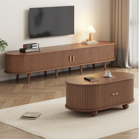 Meuble TV avec rangement et table basse, ensemble 2 pièces, MDF, coloris noyer (1/5)
