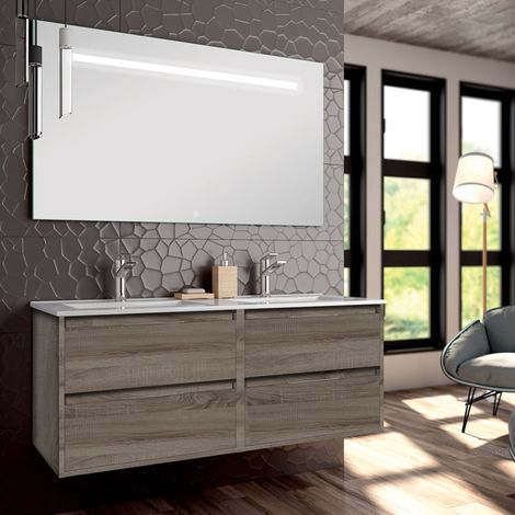Meuble de salle de bain double vasque - 4 tiroirs - Britannia (chêne foncé) - IRIS et miroir Led STAM - 120cm (1/5)