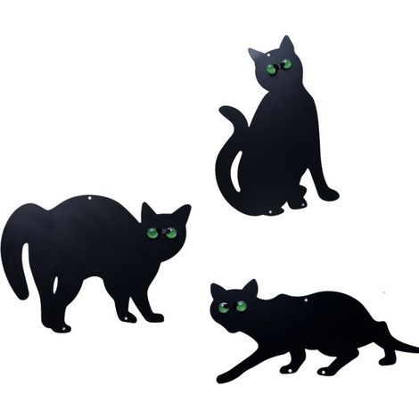 Lot de 3 Chats effaroucheurs d'oiseaux, Chasse Les hôtes indésirables du Jardin, en métal laqué Noir, avec Yeux en Forme de Billes Scintillantes (1/3)
