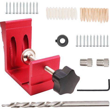 Kit de 46 gabarits de perçage inclinés pour le travail du bois, robustes et précis, en alliage d'aluminium rouge. (1/5)