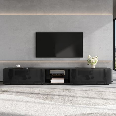 Meuble TV 200x30x30 cm en panneaux de bois noir, avec rangement pour salon moderne FloraGrace (1/5)