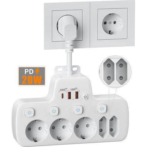 Multiprise avec Interrupteur Individuel,5 Prises Câble Court de 10 cm,Blanc Bloc Prise Multiple USB C PD20W et QC18W Charge Rapide,Multiprise Electrique Murale 5 Prises Parafoudre pour Bureau Cuisine (1/5)