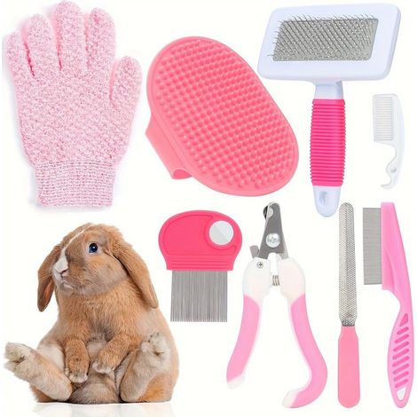 8 Piece Pink Rabbit Care Set - Rabbit Accessories with Nail Clipper, File, Flea Comb, Rabbit Brush, Bath Brush and Massage Glove for Rabbit, Guinea Pig (1/5)