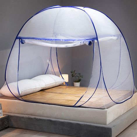 Moustiquaire toile respirante Pop-Up avec double porte, pour lit 150x200x150 cm, installation facile, blanche et bleue, anti-moustiques pliable (1/5)