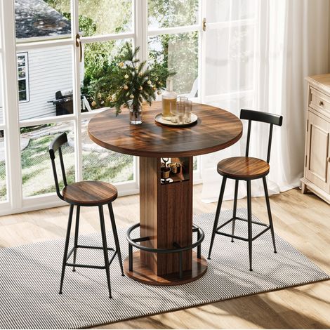 Set tavolo alto rotondo 80 cm con 2 sgabelli, finitura noce, legno e metallo, REDOM (1/5)