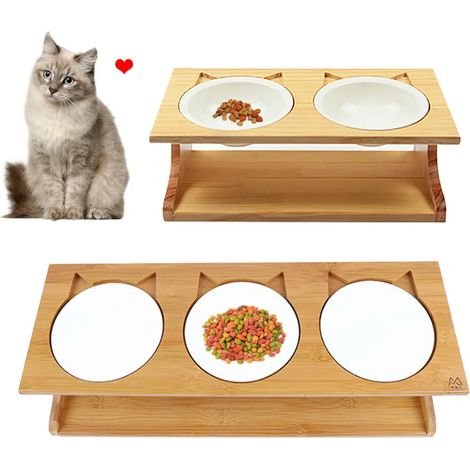 Hundenapf-Set, Katzennapf-Set, Futterstation mit Holzständer, Holzfarbe, 3 Löcher