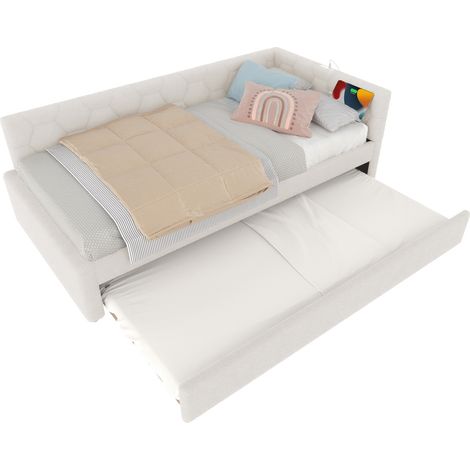 Lit banquette 90x200 cm avec lit gigogne, lampe de chevet, ports USB et Type-C, tissu bouclette blanc, idéal chambre enfant  CHICFURN (1/5)
