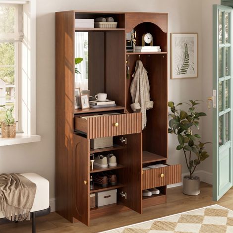Garde-robe d'entrée avec miroir, 2 portes, 2 tiroirs, crochets, LED, pour hall, MDF, 100×35×180 cm, noyer (1/5)