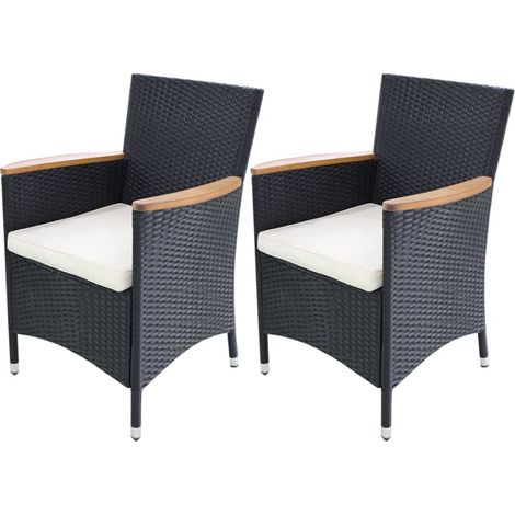 2 Stk.Gartenstühle,Balkonsessel,Gartenmöbel mit Polstern Poly Rattan Schwarz -69248 BonneVie