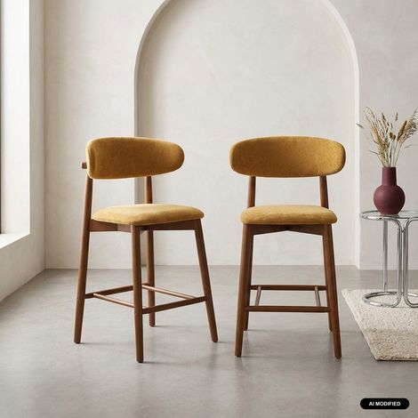 Lot de 2 tabourets de bar en bois d'hévéa noyer et tissu chenille - Paola Noyer / Moutarde