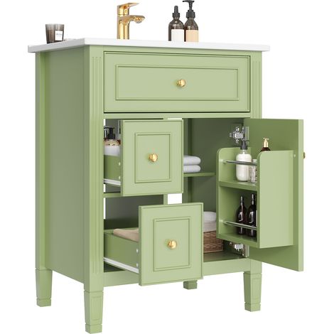Meuble de salle de bain avec vasque en céramique Vert,meuble sous vasque,avec 1 porte,3 tiroirs et étagères réglables (1/5)