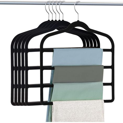 Cintre Pour Pantalon - Cintre Velours Anti-dérapant 4 Niveaux - En Résine ABS - Crochet Pivotant 360° - Noir - Lot De 6 (1/5)
