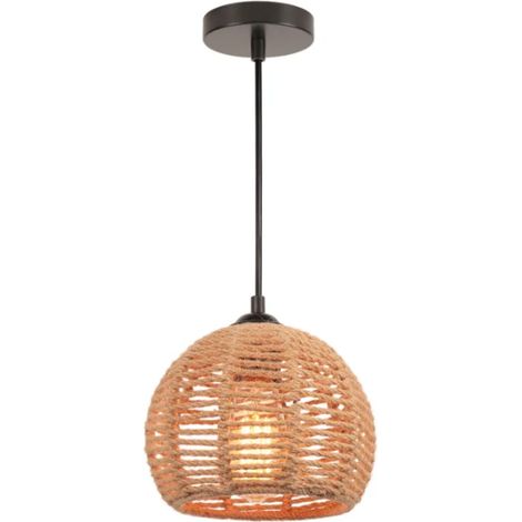 Suspension Luminaire Rotin Vintage Boho E27 Lustre Rétro Abat-jour Cage en Métal et Corde de Chanvre Lampe Suspendue pour Salon