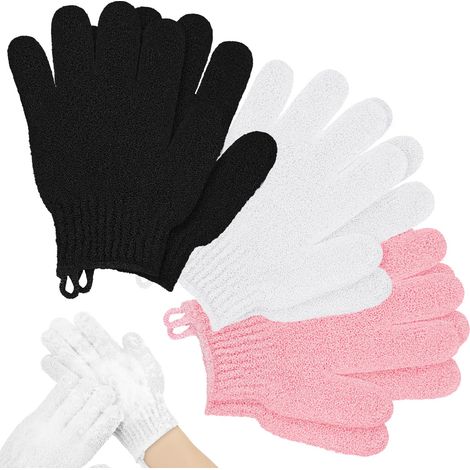Gant de Douche Exfoliante, Gant Corps a Gommage, 3 Paires Gants Exfoliants, pour le Bain et le Corps (Noir + Blanc + Rose) (1/5)