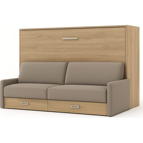 Les Tendances – Lit escamotable horizontal 120x200 cm – Canapé en tissu italien beige – Structure en chêne clair – Système assisté par vérins à gaz (1/5)