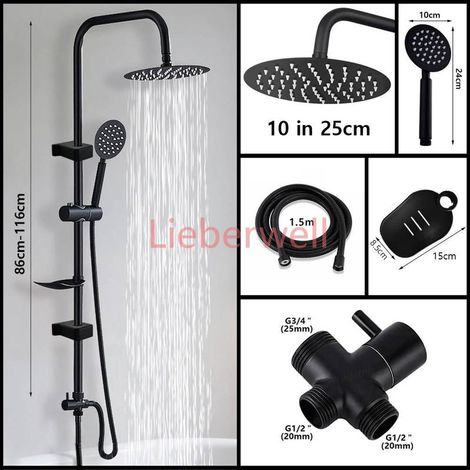 10 Inch WJNMONE Round Rain Shower Column Set, 304 Stainless Steel Shower Head, Bathroom Water Connector, Adjustable Height, Black Finish (1/5)