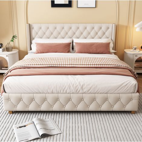Lit rembourré classique 180x200 cm en lin beige avec tête de lit capitonnée, clous décoratifs et sommier à lattes (1/5)