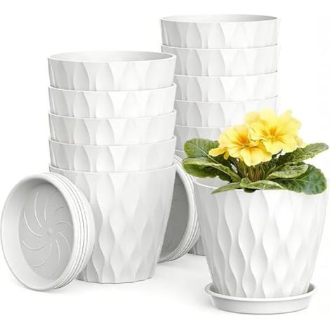 Lot de 12 Pot à Fleurs, 10CM Jardinière Anti-Racines Épais Pot de Jardin à Motif Ondulé avec Drainage Trou et Soucoupe, Les Pots de Fleurs de pépinière pour Fleurs Herbes Succulentes Cactus (Blanc) (1/5)
