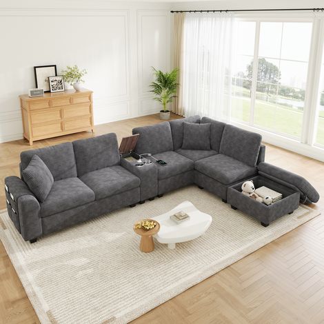 Canapé modulable 6 places d'angle en U/L,Canapé en velours côtelé avec console centrale mobile,2 porte gobelets,port USB/Type C,pouf rangement,Gris (1/5)