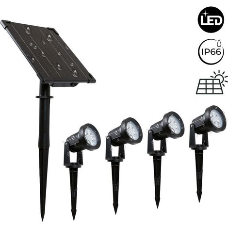 Barcelona Led – Kit de 4 projecteurs à piquer avec panneau solaire 5W – IP66 – 55lm – Angle 36° – Batterie 3,2V 4000mAh – Installation facile