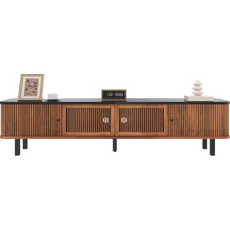 Meuble TV Bas Grand Rangement 2 Portes Coulissantes Ajourées Effet Noyer 190 cm pour Salon (1/5)