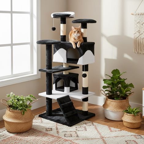 belviona Kratzbaum, 130 cm hoher Katzenbaum mit Höhlen, Treppe & Spielbällen, robust & stilvoll, schwarz/weiß (1/5)