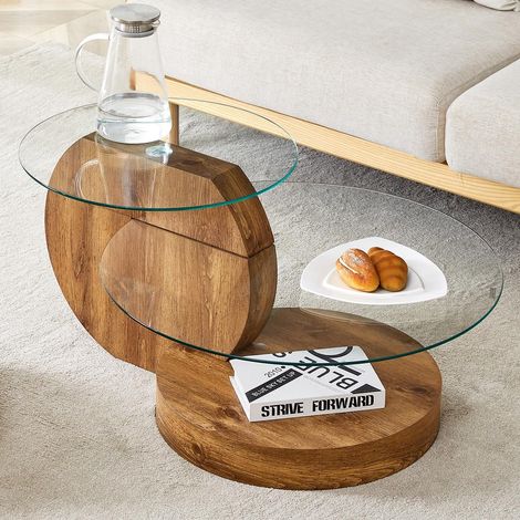 Table basse moderne et minimaliste – Plateau verre trempé, structure multicouche, support MDF avec stickers texture bois naturel – Naturel et contemporain (1/5)