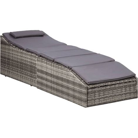 Transat chaise longue bain de soleil avec coussin résine tressée gris (1/5)