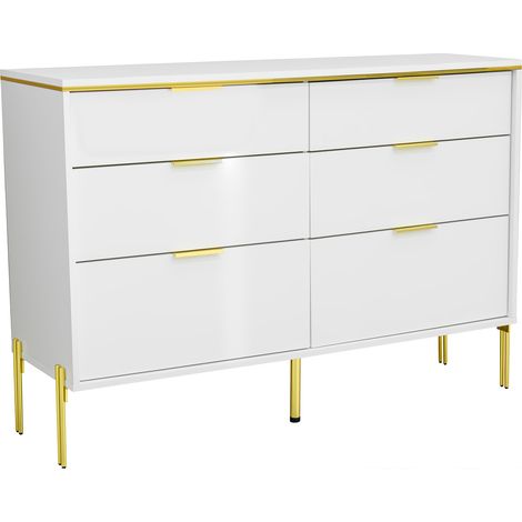 Buffet moderne à 6 tiroirs, blanc et doré, façades brillantes, grand espace de rangement pour salon, salle à manger et entrée, meuble de rangement élégant pour un intérieur ordonné