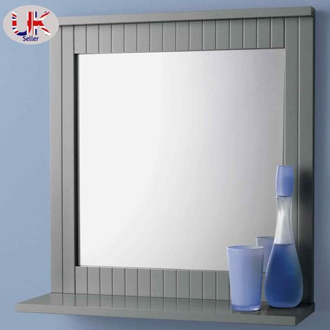 Bathroom Wall Mounted Mirror with Cosmetics Shelf Wood Frame Bathroom Grey (1/2)