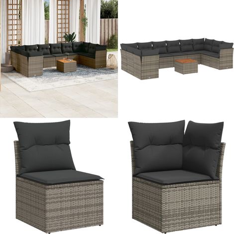11-tlg. Garten-Sofagarnitur mit Kissen Grau Poly Rattan - Gartenmöbel Set - Outdoor Möbel - Rattan Sofa - Lounge Set - Gartenlounge - Home & Living (1/5)