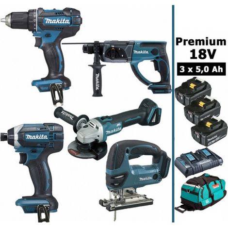 Pack Makita premium 5 machines 18V 5Ah: Perceuse DDF482 + Meuleuse DGA504 + Perforateur DHR202 + Visseuse à chocs DTD152 + Scie (1/5)