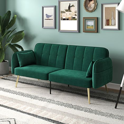 2-Sitzer-Schlafsofa, Klick-Klack-Sofa in Samtbezug mit verstellbarer Rückenlehne, dunkelgrün