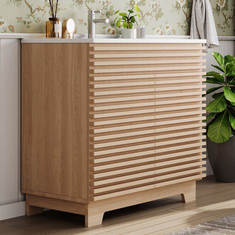 Meuble sous vasque sur pied avec vasque intégrée – 2 portes avec fermeture amortie, étagère intérieure, finition bois lamelles, Naturel,91x46x86,5 cm (1/5)
